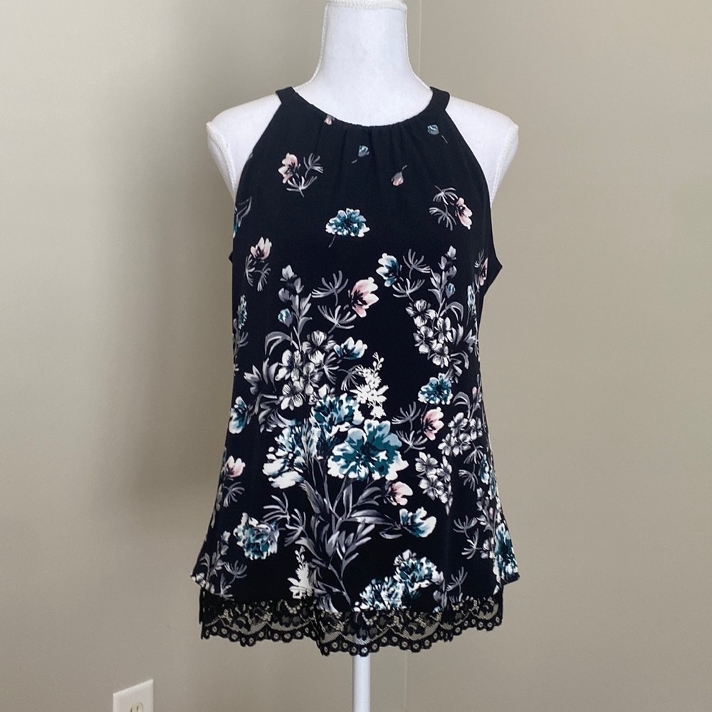 Black Floral Sleeveless Top With High Neck & Lace Hem Detail